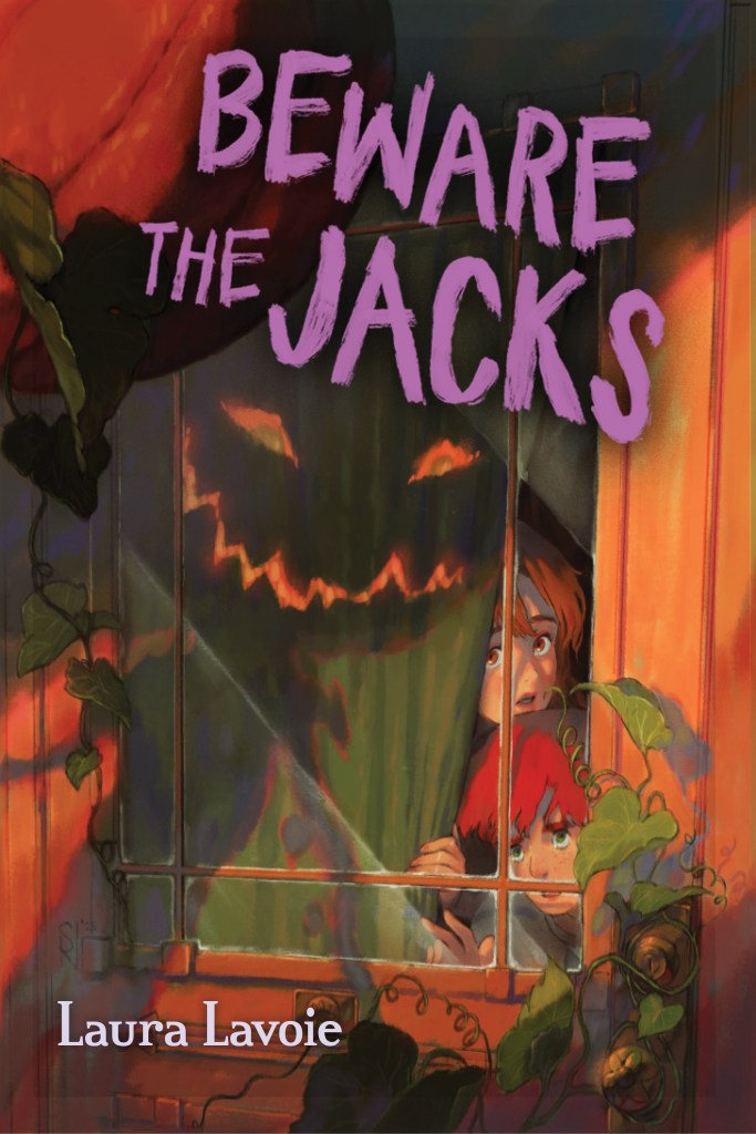 The cover of Beware the Jacks. Two children peer out of a window as a looming pumpkin monster shadow hovers over them.
